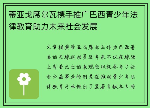蒂亚戈席尔瓦携手推广巴西青少年法律教育助力未来社会发展