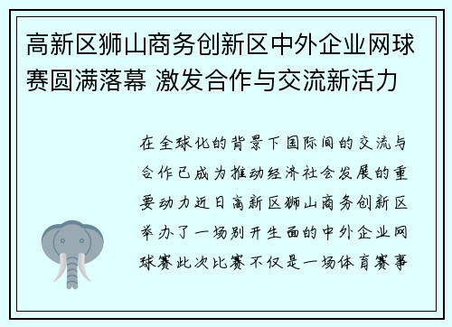 高新区狮山商务创新区中外企业网球赛圆满落幕 激发合作与交流新活力