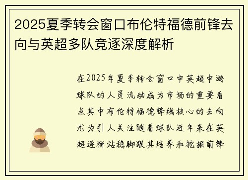 2025夏季转会窗口布伦特福德前锋去向与英超多队竞逐深度解析 2025夏季转会窗口布伦特福德前锋去向与英超多队竞逐深度解析